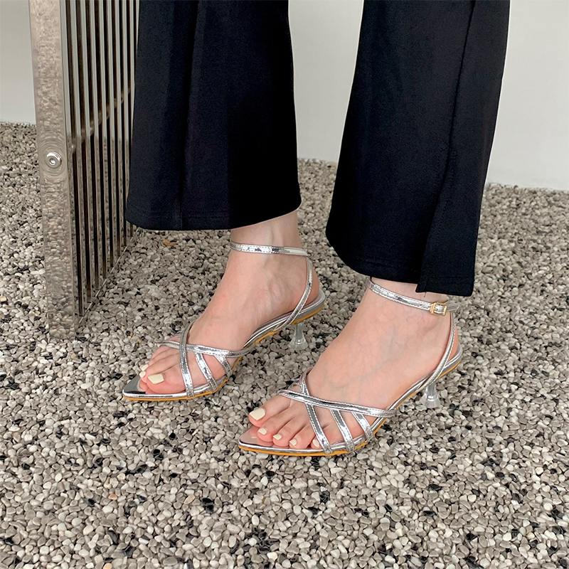 Miting 2023 Summer New Cross Strap High Heel Women's Korean Style Ankle Strap Thin Heel Pointed Toe Open Toe Sandals - Image 3