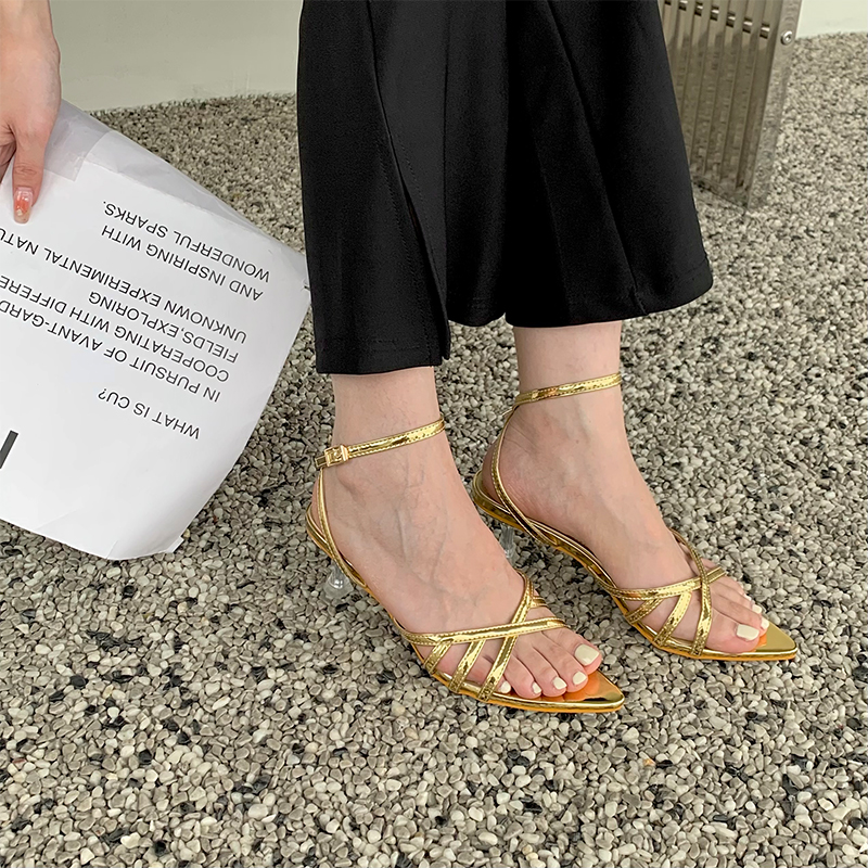 Miting 2023 Summer New Cross Strap High Heel Women's Korean Style Ankle Strap Thin Heel Pointed Toe Open Toe Sandals - Image 4