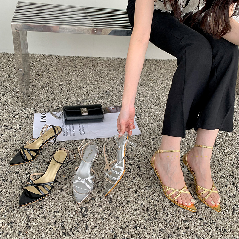 Miting 2023 Summer New Cross Strap High Heel Women's Korean Style Ankle Strap Thin Heel Pointed Toe Open Toe Sandals