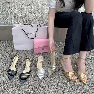 2023 Spring New Hot Sexy One-Strap High Heel Sandals for Women Thin Heel Open Toe Gold French Style