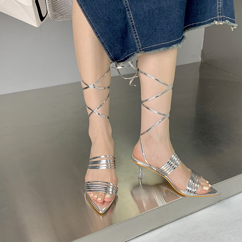 Women's Summer High Heel Sandals 2023 New Korean Style Cross Strap Thin Heel Ankle Boots - Image 2