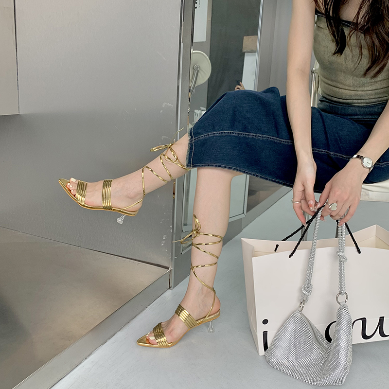 Women's Summer High Heel Sandals 2023 New Korean Style Cross Strap Thin Heel Ankle Boots - Image 4