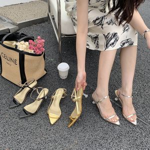 Miting 2023 Spring Summer Women's Pointed Toe Thin Strap Mid Heel Open Toe Sandals High Heels One-Strap Buckle