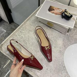 Women's 2023 New Style Flat Shoes Patent Leather Metal Buckle Pointed Toe Mid Heel Open Back Ankle Strap Sandals