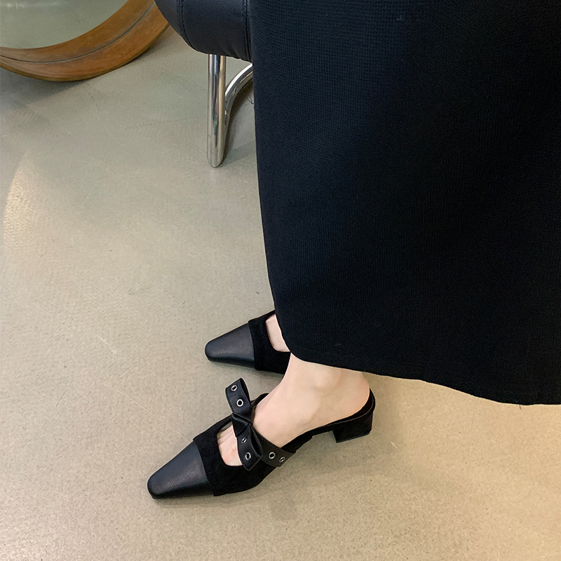 2024 Summer New Women's Square Toe Mule Slippers with Bow Chunky Heel Closed Toe - Image 2