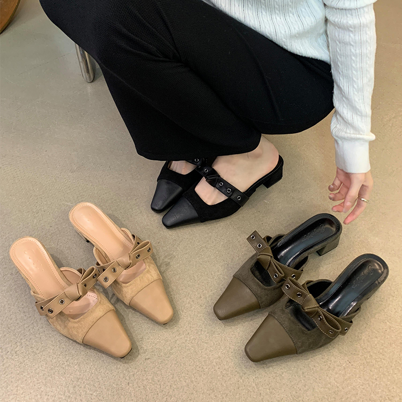 2024 Summer New Women's Square Toe Mule Slippers with Bow Chunky Heel Closed Toe
