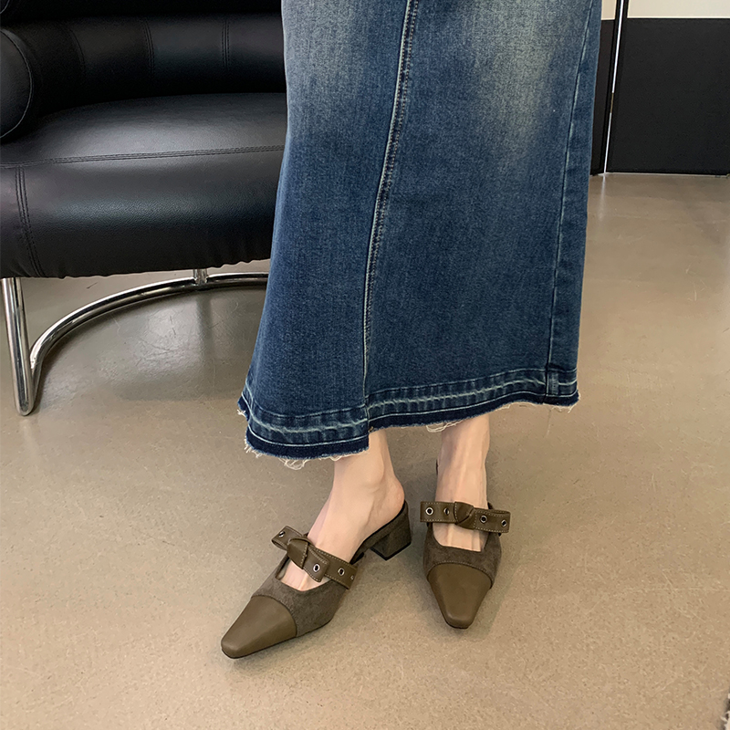 2024 Summer New Women's Square Toe Mule Slippers with Bow Chunky Heel Closed Toe - Image 4