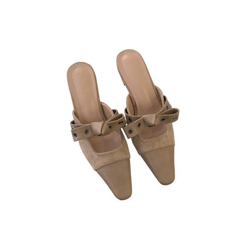 2024 Summer New Women's Square Toe Mule Slippers with Bow Chunky Heel Closed Toe - Image 5