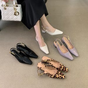 2024 New Summer French Style Women's Closed Toe Slippers Mid Heel Elegant Pointed Toe High Heels