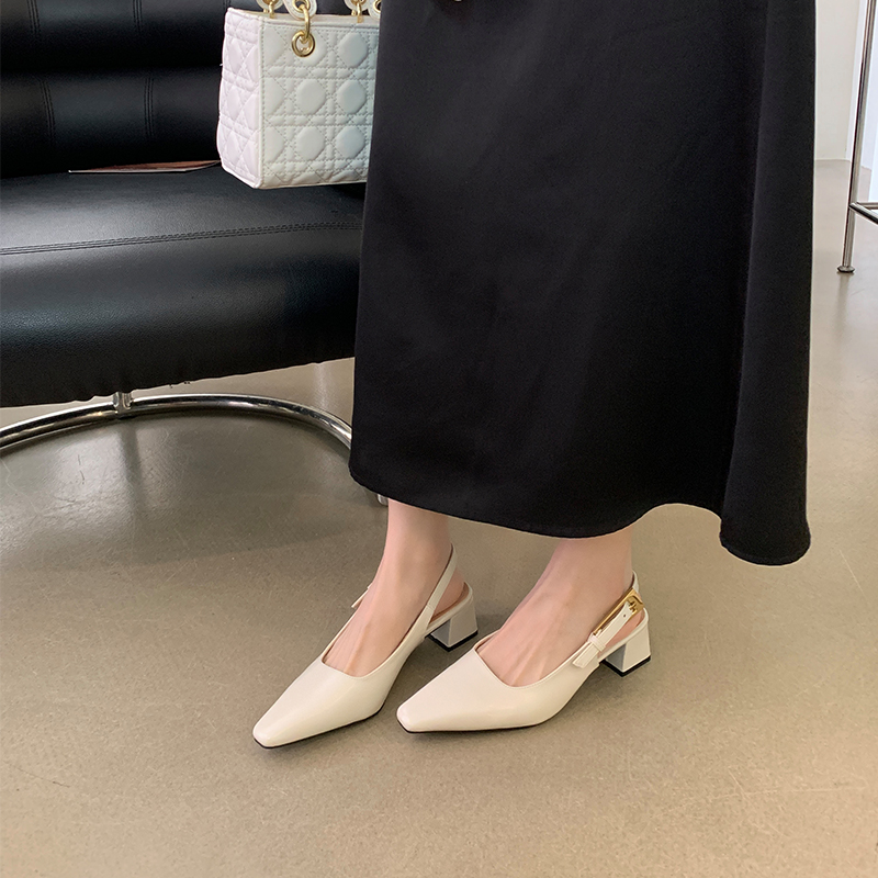 2024 New Summer French Style Women's Closed Toe Slippers Mid Heel Elegant Pointed Toe High Heels - Image 3