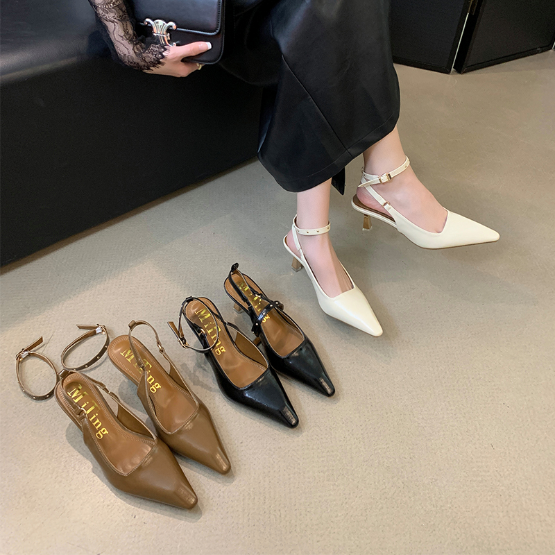 Women's Pointed Toe High Heel Sandals 2024 Spring New Style One-Strap Open Back Shallow Mouth Shoes
