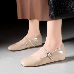 Korean Style Elegant Round Toe Shallow Mouth Sexy Patent Leather One-Strap Buckle Comfortable Inner Height Increase Women's Shoes