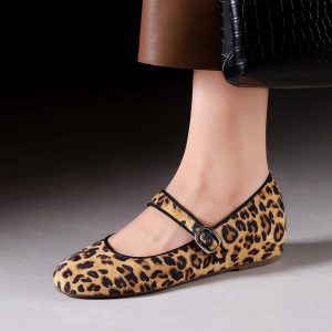 BIG WOOD Women's Leopard Print Suede Flats with Hidden Wedge Heel - Round Toe Ankle Strap Dress Shoes
