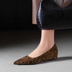 BIGWOOD Women's Leopard Print Pointed Toe Flat Shoes with Inner Height Increase, Suede Low Cut Slip-On Commuter Shoes