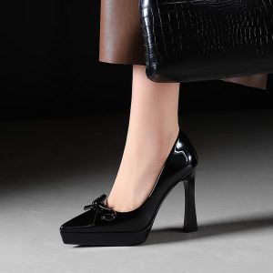 BIGWOOD Women's Pointed Toe Chunky Heel Patent Leather Bow Dress Shoes with Platform
