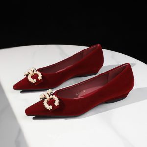 French Pointed Toe Commuter Women's Shoes with Metal Pearl Buckle Suede Slip-On Wedge Heel Elegant Flats