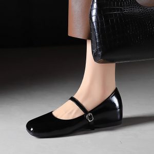 Patent Leather Mary Jane Shoes for Women with Hidden Height Increase, Round Toe, Ballet Flat, Casual