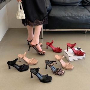 HMSZ Women's Leopard Print High Heel Slippers with Platform - Comfortable Open Toe Slides