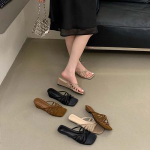 HMSZ Women's Square Toe Slope Heel Slippers 2026 Summer Fashion Open Toe Sandals