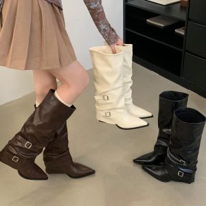 Pointed Toe Buckle Pleated Stack Boots Women Chunky Heel 2026 Punk Style Knight Boots Trendy High Heel Long Boots