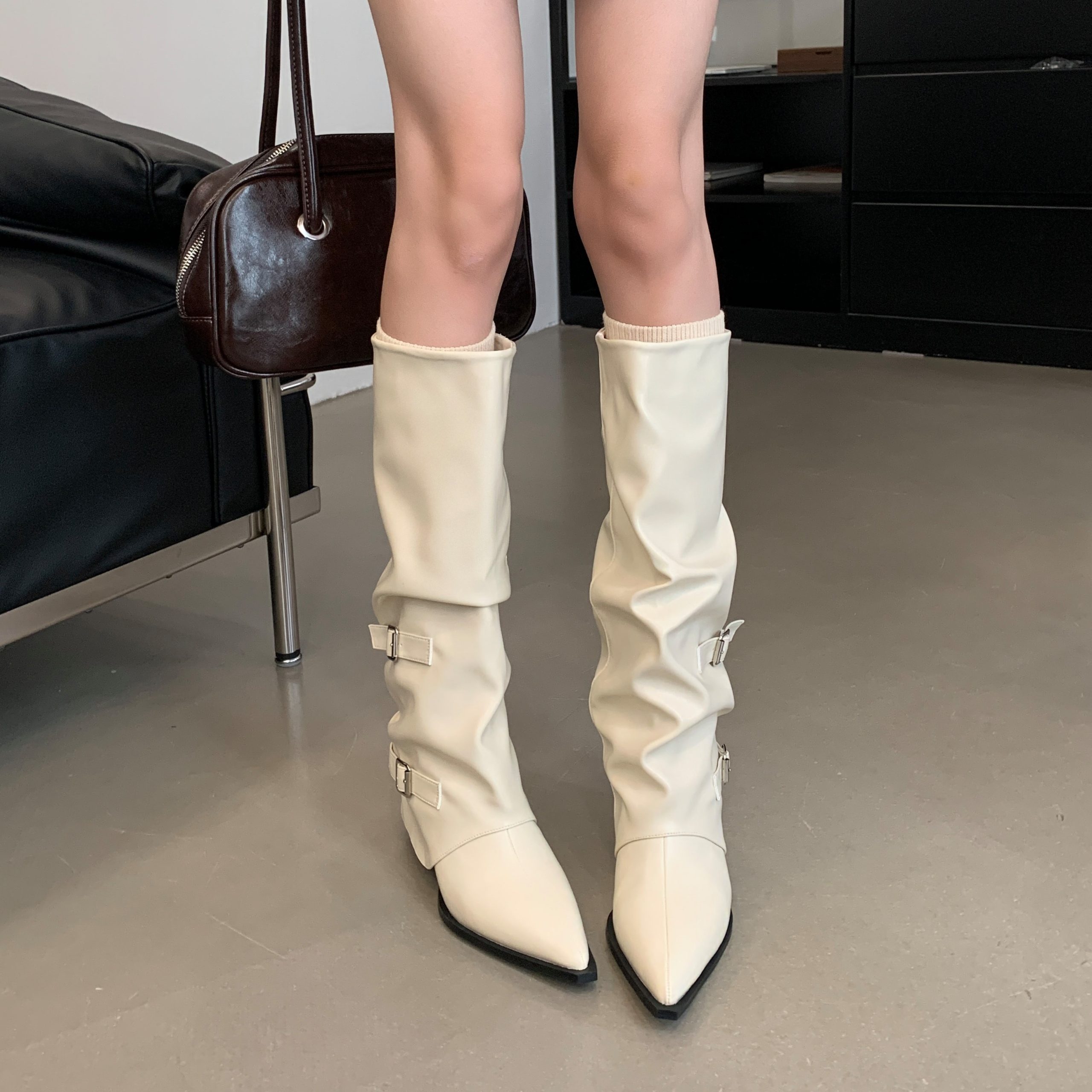 Pointed Toe Buckle Pleated Stack Boots Women Chunky Heel 2026 Punk Style Knight Boots Trendy High Heel Long Boots - Image 2