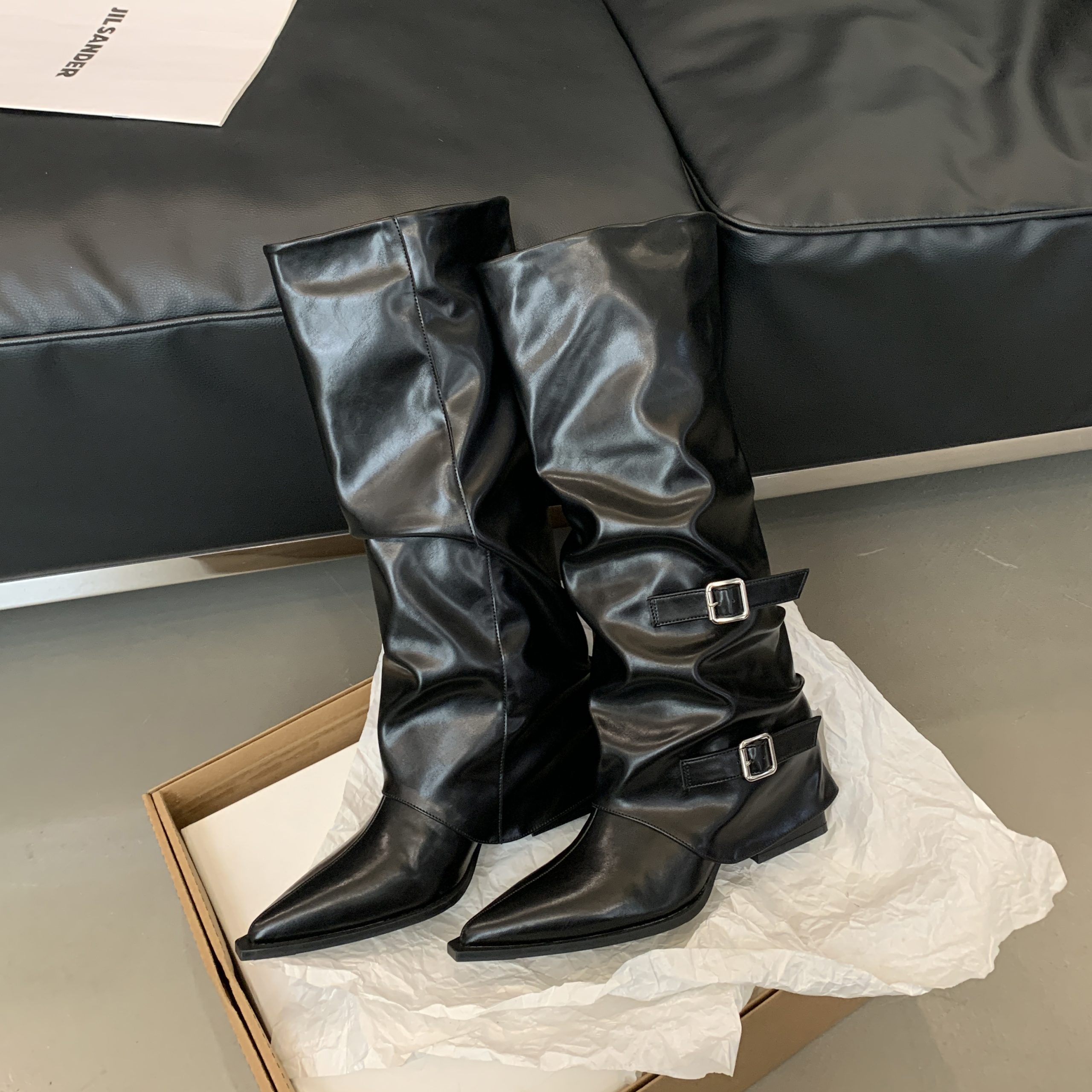 Pointed Toe Buckle Pleated Stack Boots Women Chunky Heel 2026 Punk Style Knight Boots Trendy High Heel Long Boots - Image 4