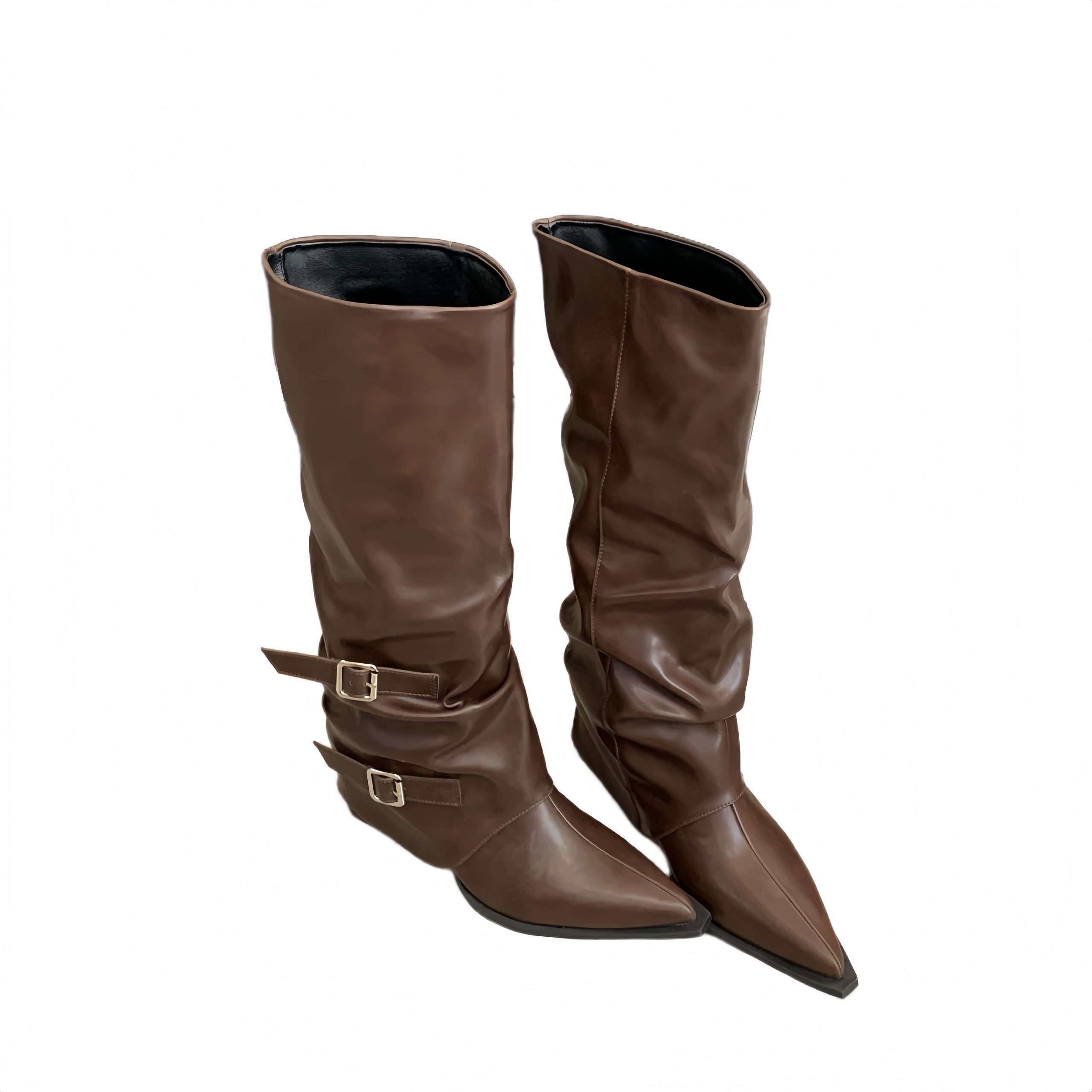 Pointed Toe Buckle Pleated Stack Boots Women Chunky Heel 2026 Punk Style Knight Boots Trendy High Heel Long Boots - Image 5