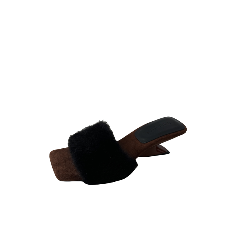 Women's Leopard Square Toe High Heel Furry Slippers with Wedge Heel - Image 5